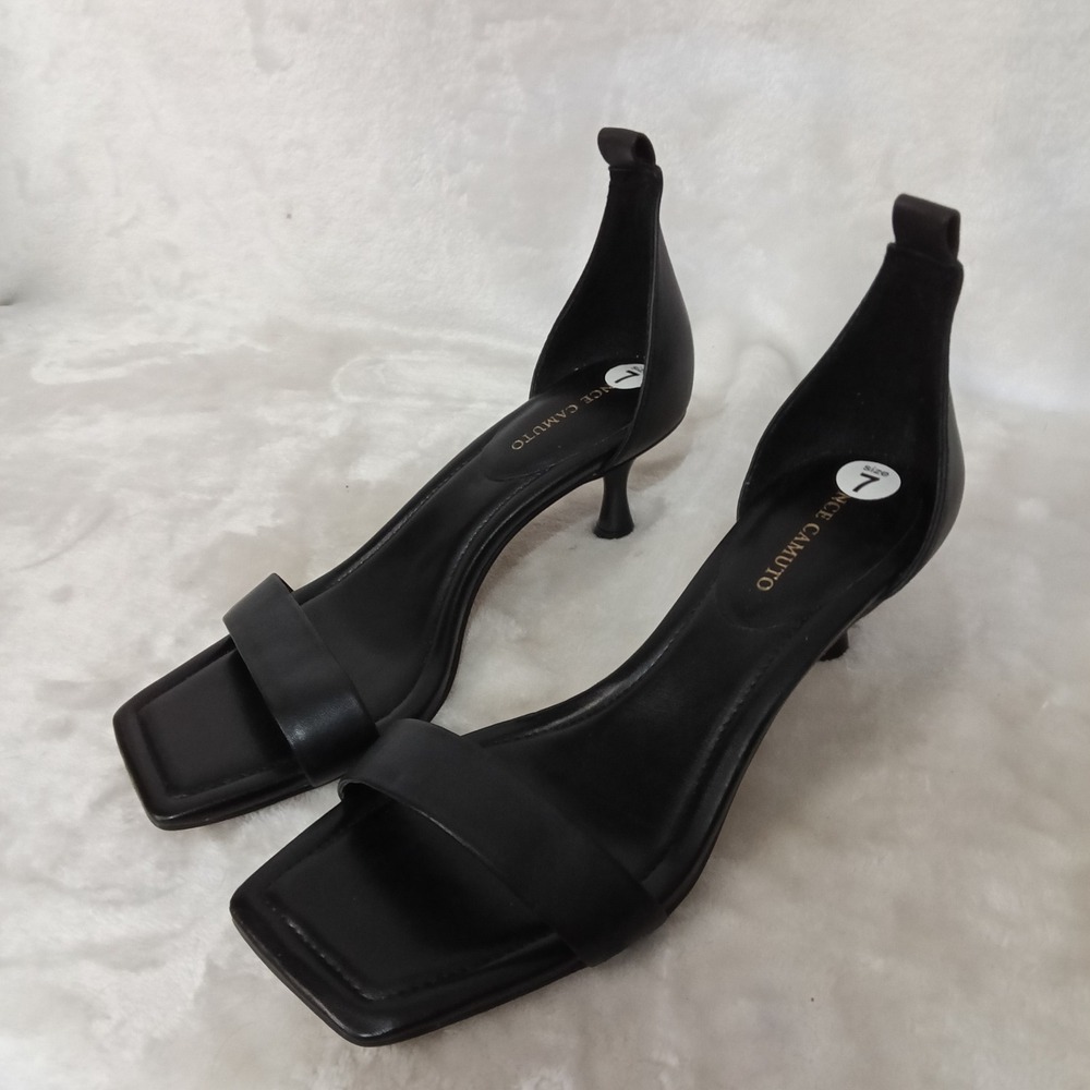 Vince Camuto Black Leather Square Toe Kitten Heel Sandals Womens 7 M